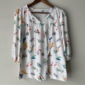Christopher & Banks Flamingo Parrot Tropical V Neck Tie Front Blouse Size Medium